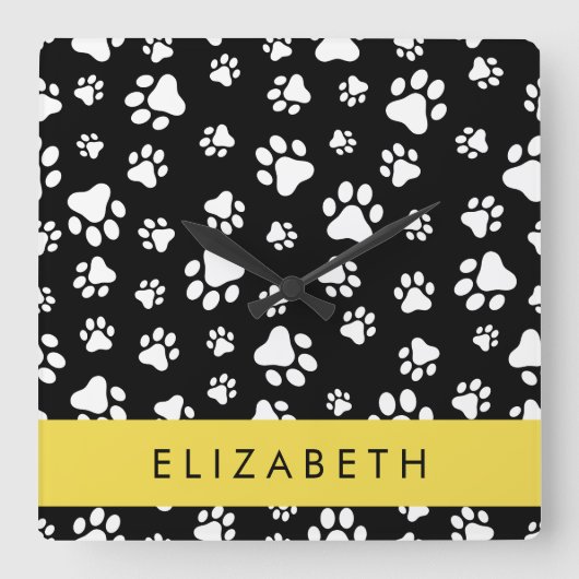 Paw Pattern, Dog Paws, Black and White, Jouw naam Vierkante Klok (Voorkant)