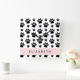 Paw Pattern, Dog Paws, Black and White, Jouw naam Vierkante Klok