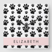 Paw Pattern, Dog Paws, Black and White, Jouw naam Vierkante Klok (Voorkant)