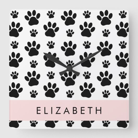 Paw Pattern, Dog Paws, Black and White, Jouw naam Vierkante Klok (Voorkant)