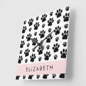 Paw Pattern, Dog Paws, Black and White, Jouw naam Vierkante Klok (Hoek)