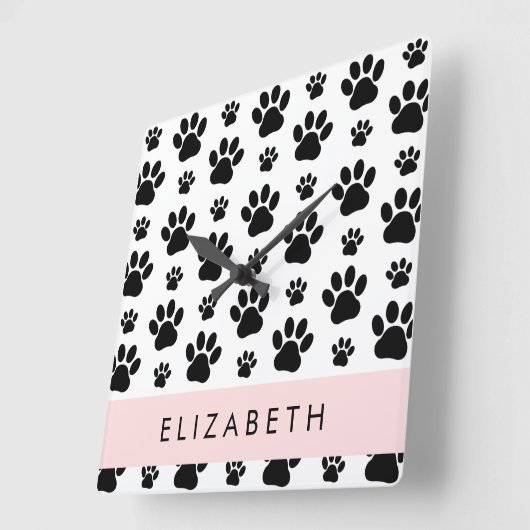 Paw Pattern, Dog Paws, Black and White, Jouw naam Vierkante Klok (Hoek)