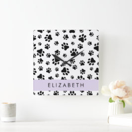 Paw Pattern, Dog Paws, Black and White, Jouw naam Vierkante Klok