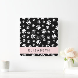 Paw Pattern, Dog Paws, Black and White, Jouw naam Vierkante Klok