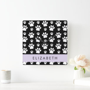 Paw Pattern, Dog Paws, Black and White, Jouw naam Vierkante Klok