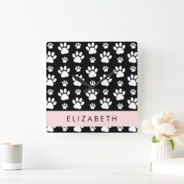 Paw Pattern, Dog Paws, Black and White, Jouw naam Vierkante Klok