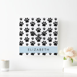 Paw Pattern, Dog Paws, Black and White, Jouw naam Vierkante Klok