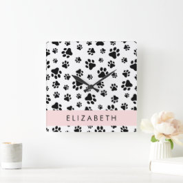 Paw Pattern, Dog Paws, Black and White, Jouw naam Vierkante Klok