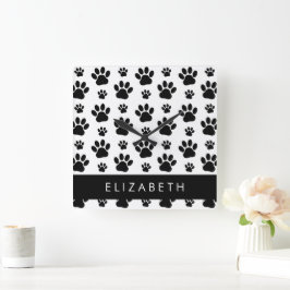 Paw Pattern, Dog Paws, Black and White, Jouw naam Vierkante Klok