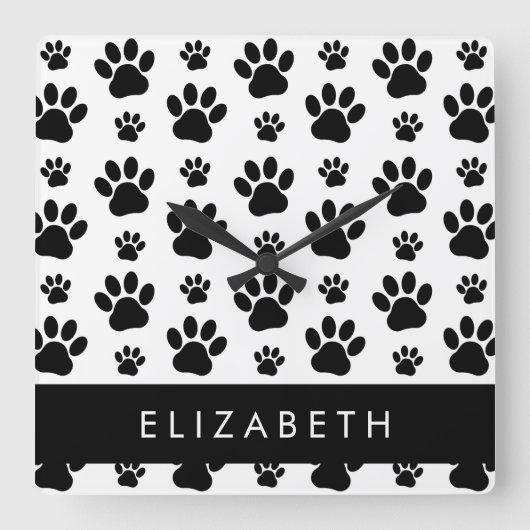 Paw Pattern, Dog Paws, Black and White, Jouw naam Vierkante Klok (Voorkant)