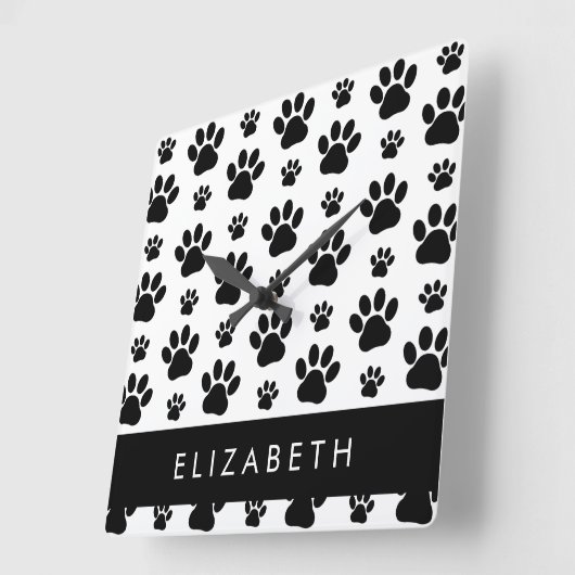 Paw Pattern, Dog Paws, Black and White, Jouw naam Vierkante Klok (Hoek)