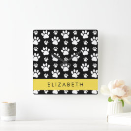 Paw Pattern, Dog Paws, Black and White, Jouw naam Vierkante Klok