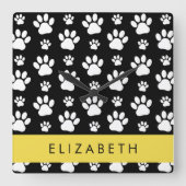 Paw Pattern, Dog Paws, Black and White, Jouw naam Vierkante Klok (Voorkant)