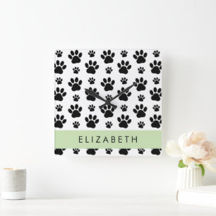 Paw Pattern, Dog Paws, Black and White, Jouw naam Vierkante Klok