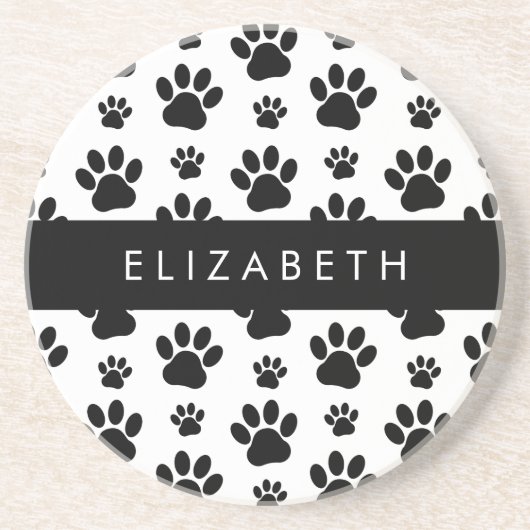Paw Pattern, Dog Paws, Black and White, Jouw naam Zandsteen Onderzetter (Voorkant)