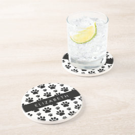 Paw Pattern, Dog Paws, Black and White, Jouw naam Zandsteen Onderzetter
