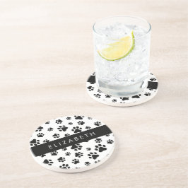 Paw Pattern, Dog Paws, Black and White, Jouw naam Zandsteen Onderzetter