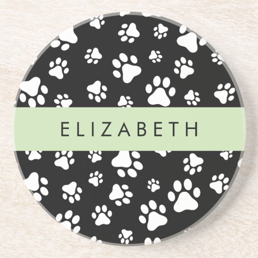 Paw Pattern, Dog Paws, Black and White, Jouw naam Zandsteen Onderzetter (Voorkant)