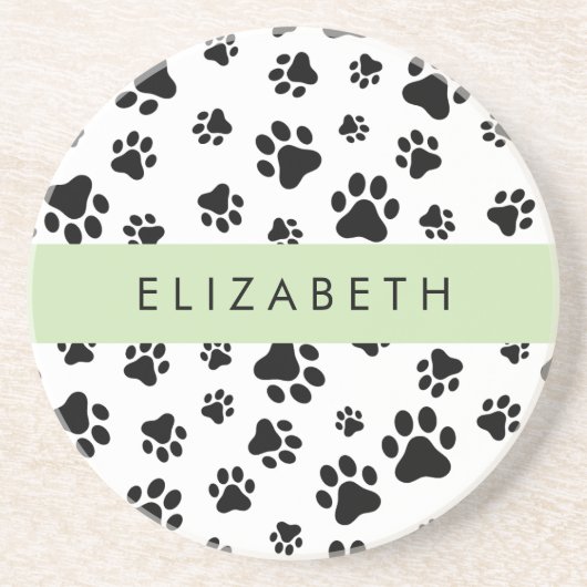 Paw Pattern, Dog Paws, Black and White, Jouw naam Zandsteen Onderzetter (Voorkant)