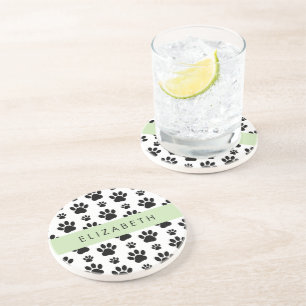 Paw Pattern, Dog Paws, Black and White, Jouw naam Zandsteen Onderzetter