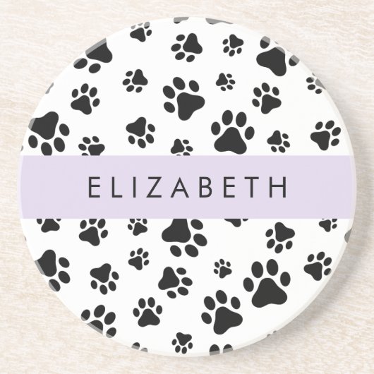 Paw Pattern, Dog Paws, Black and White, Jouw naam Zandsteen Onderzetter (Voorkant)