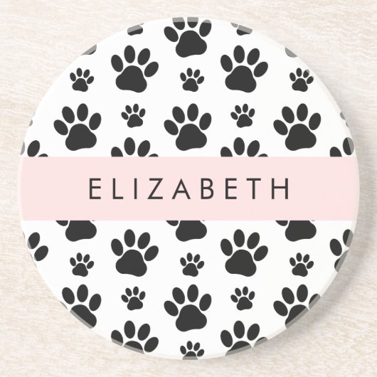 Paw Pattern, Dog Paws, Black and White, Jouw naam Zandsteen Onderzetter (Voorkant)