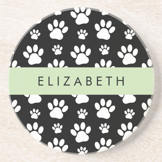 Paw Pattern, Dog Paws, Black and White, Jouw naam Zandsteen Onderzetter (Voorkant)