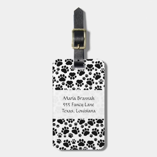 Paw Pattern, Dog Paws, Black and White, Monogram Bagagelabel (Voorkant verticaal)