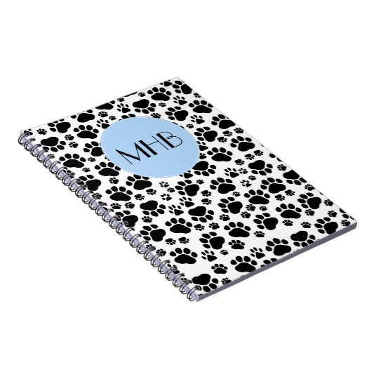 Paw Pattern, Dog Paws, Black and White, Monogram Notitieboek (Rechterzijde)