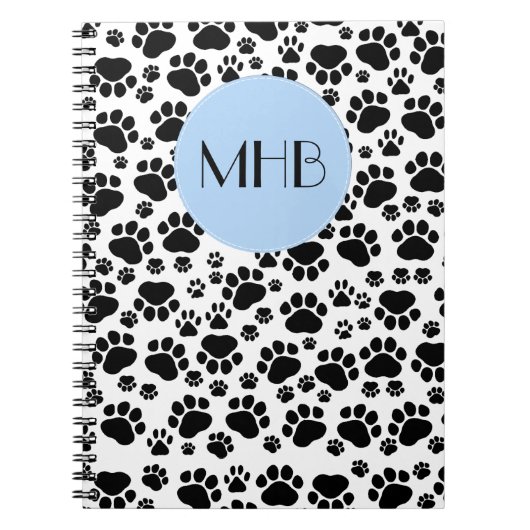 Paw Pattern, Dog Paws, Black and White, Monogram Notitieboek (Voorkant)