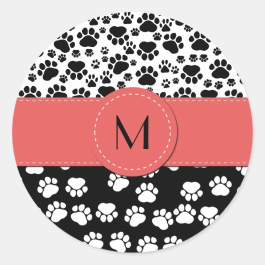 Paw Pattern, Dog Paws, Black and White, Monogram Ronde Sticker (Voorkant)