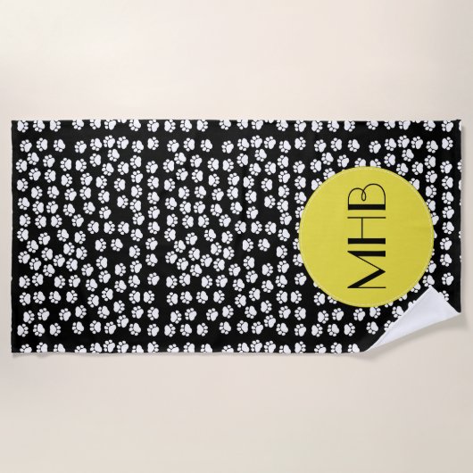 Paw Pattern, Dog Paws, Black and White, Monogram Strandlaken (Voorkant)