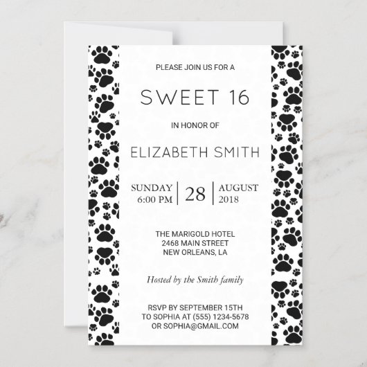 Paw Pattern, Dog Paws, Black and White, Sweet 16 Magnetische Uitnodiging (Voorkant)
