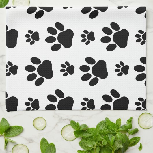 Paw Pattern, Dog Paws, Paw Prints, Black and White Theedoek (Gevouwen)