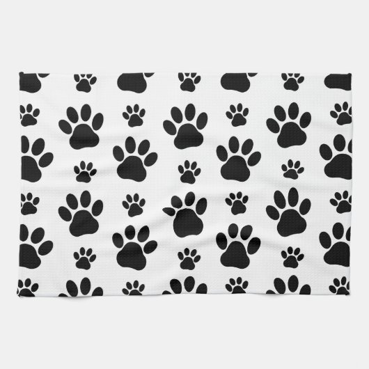 Paw Pattern, Dog Paws, Paw Prints, Black and White Theedoek (Horizontaal)