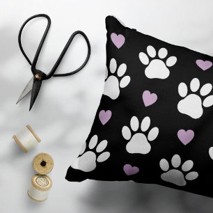 Paw Pattern, Dog Paws, White Paws, Lila Hearts Accent Kussen