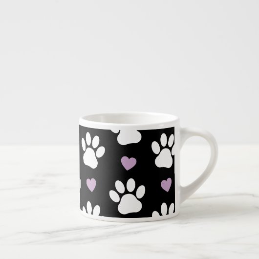 Paw Pattern, Dog Paws, White Paws, Lila Hearts Espresso Kop (Rechts)