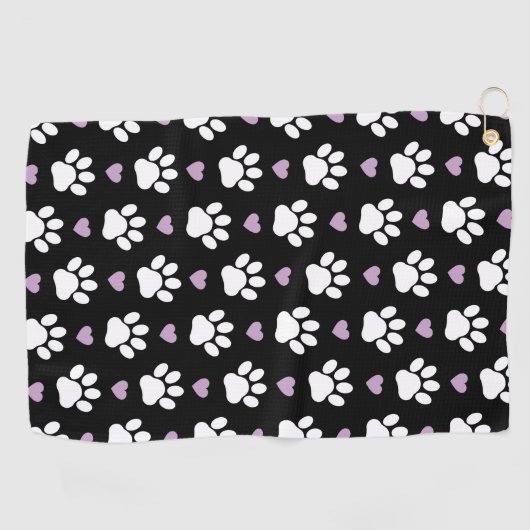 Paw Pattern, Dog Paws, White Paws, Lila Hearts Golfhanddoek (Horizontaal)
