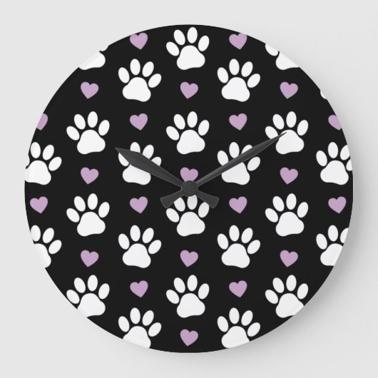 Paw Pattern, Dog Paws, White Paws, Lila Hearts Grote Klok (Voorkant)