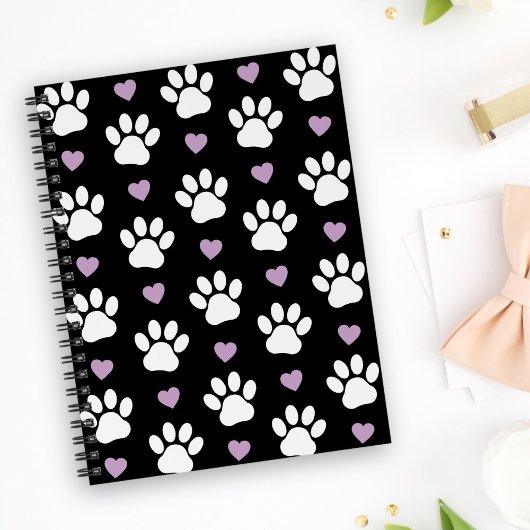Paw Pattern, Dog Paws, White Paws, Lila Hearts Notitieboek