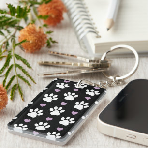 Paw Pattern, Dog Paws, White Paws, Lila Hearts Sleutelhanger