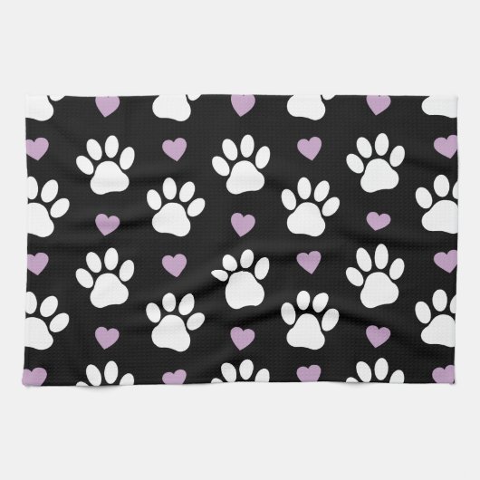 Paw Pattern, Dog Paws, White Paws, Lila Hearts Theedoek (Horizontaal)