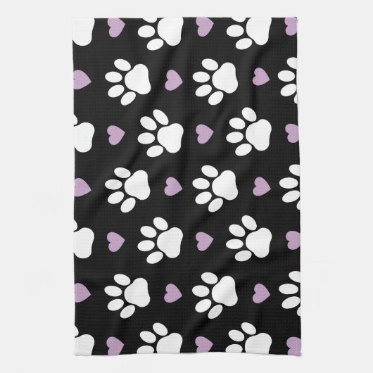 Paw Pattern, Dog Paws, White Paws, Lila Hearts Theedoek (Verticaal)