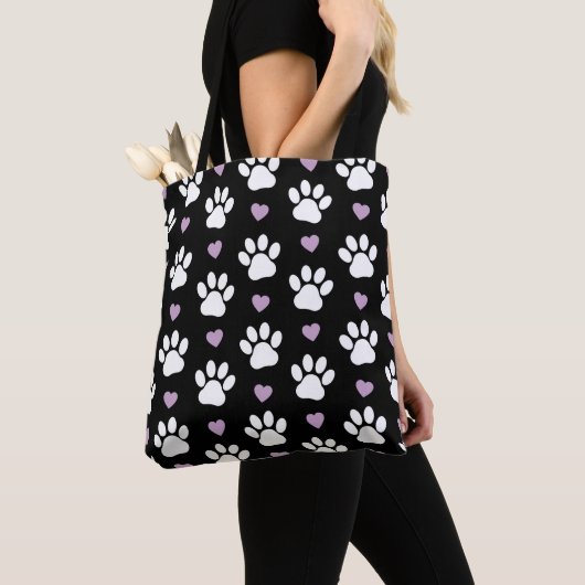 Paw Pattern, Dog Paws, White Paws, Lila Hearts Tote Bag (Dichtbij)