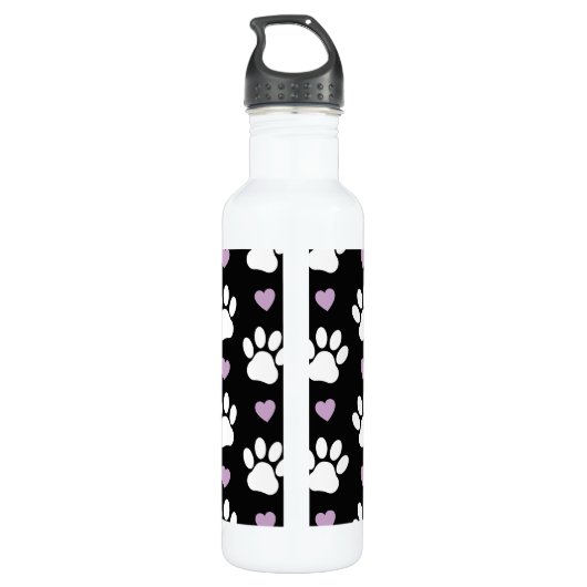 Paw Pattern, Dog Paws, White Paws, Lila Hearts Waterfles (Achterkant)