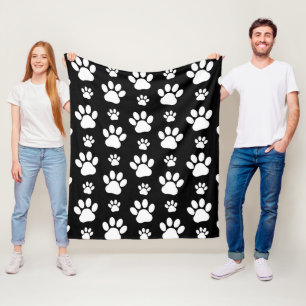 Paw Pattern, Paw Prints, Dog Paws, Black and White Fleece Deken