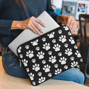 Paw Pattern, Paw Prints, Dog Paws, Black and White Laptop Sleeve