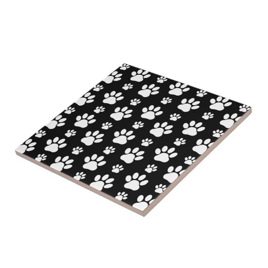 Paw Pattern, Paw Prints, Dog Paws, Black and White Tegeltje (Zijkant)