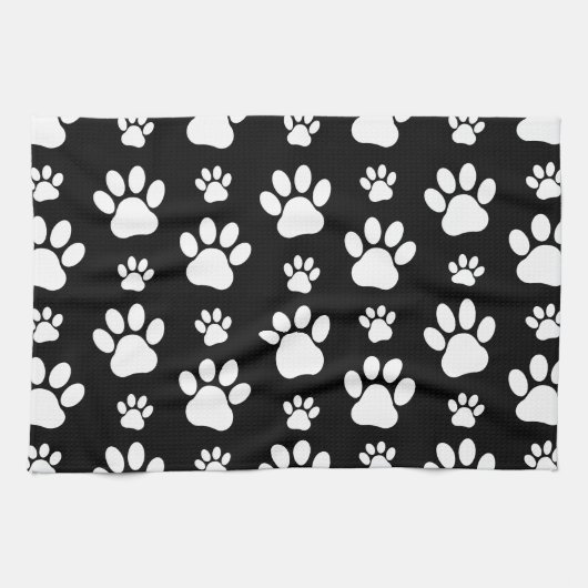 Paw Pattern, Paw Prints, Dog Paws, Black and White Theedoek (Horizontaal)