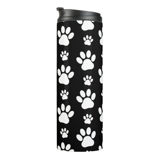 Paw Pattern, Paw Prints, Dog Paws, Black and White Thermosbeker (Geroteerd rechts)